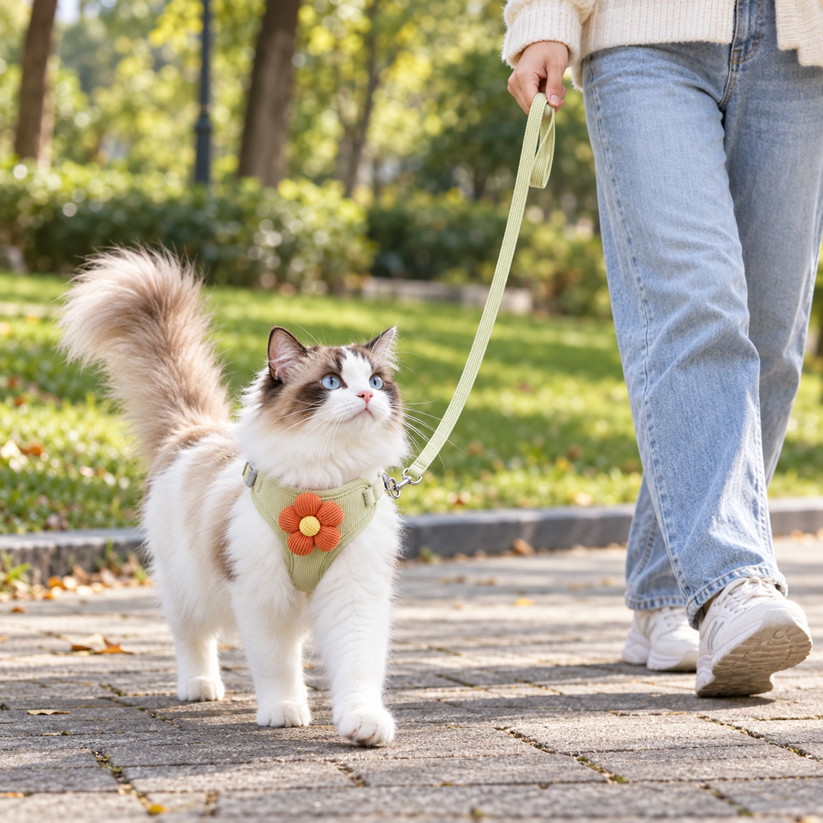 お花付き ベスト型ハーネス＆リードセット 猫・小型犬用 全4色 XS〜L