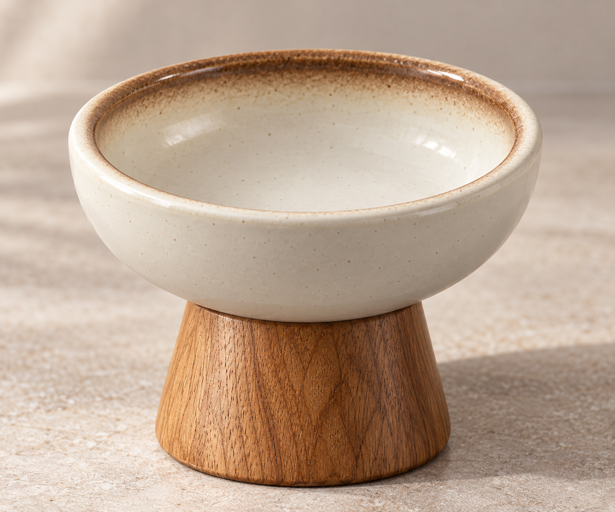天然木スタンド付き 陶器フードボウル