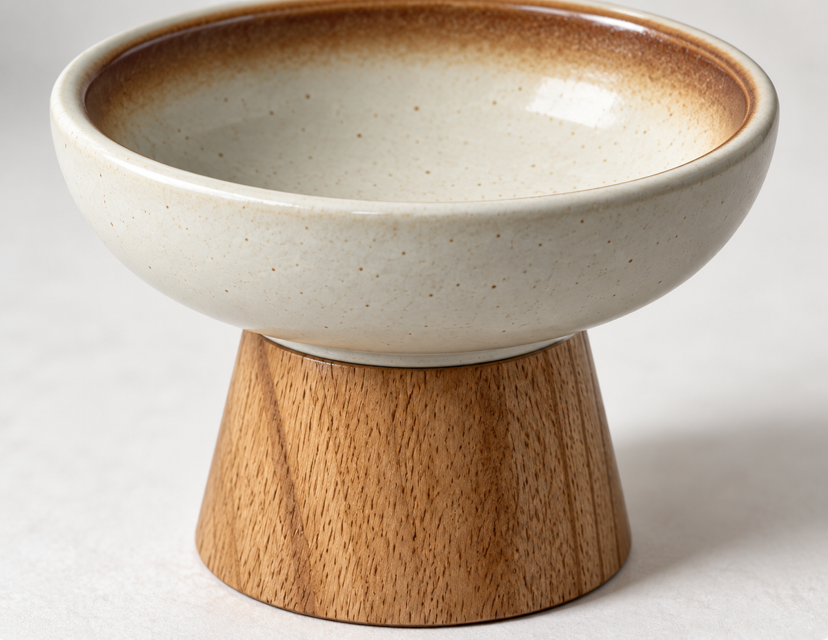天然木スタンド付き 陶器フードボウル