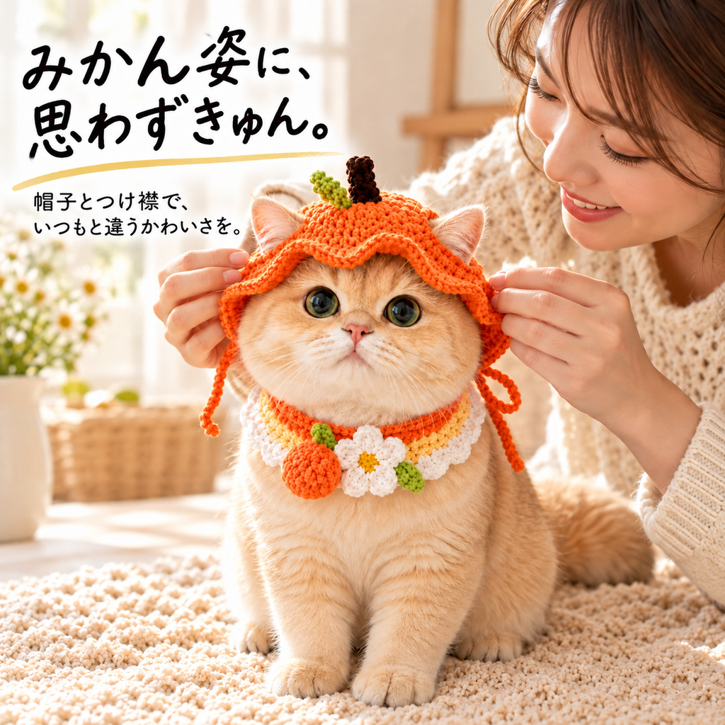 みかんのニット 帽子＆つけ襟セット