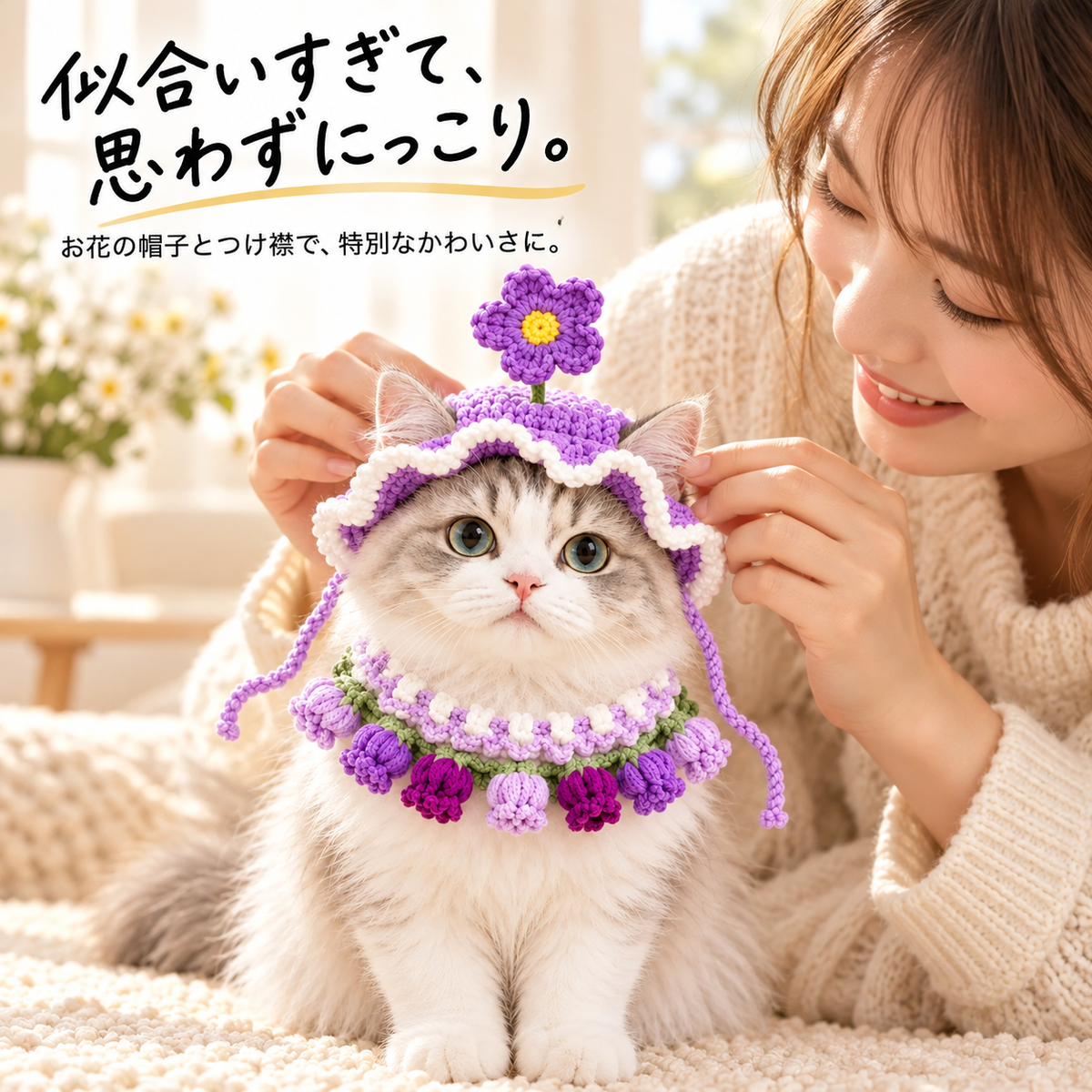 お花のニット 帽子＆つけ襟セット