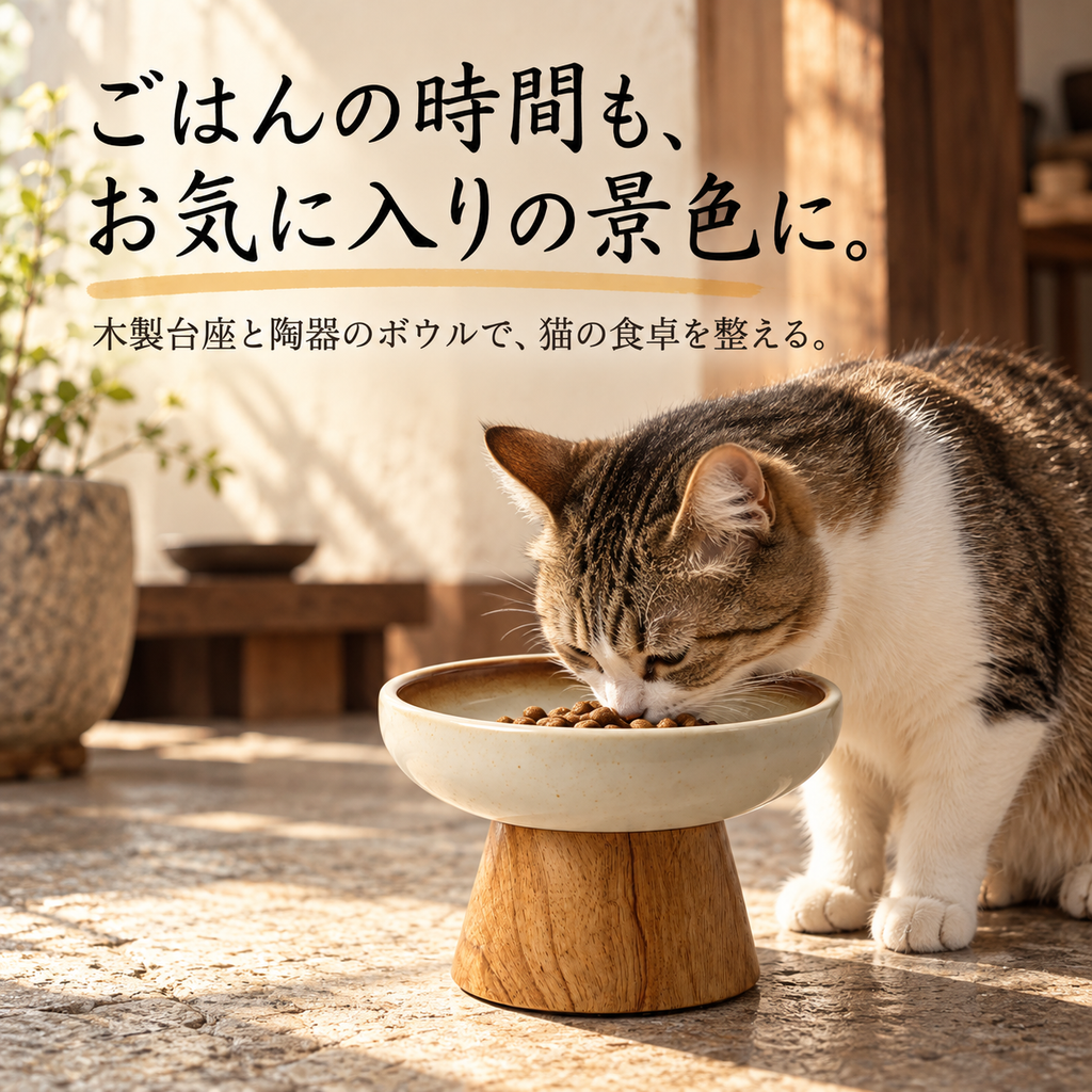 天然木スタンド付き 陶器フードボウル