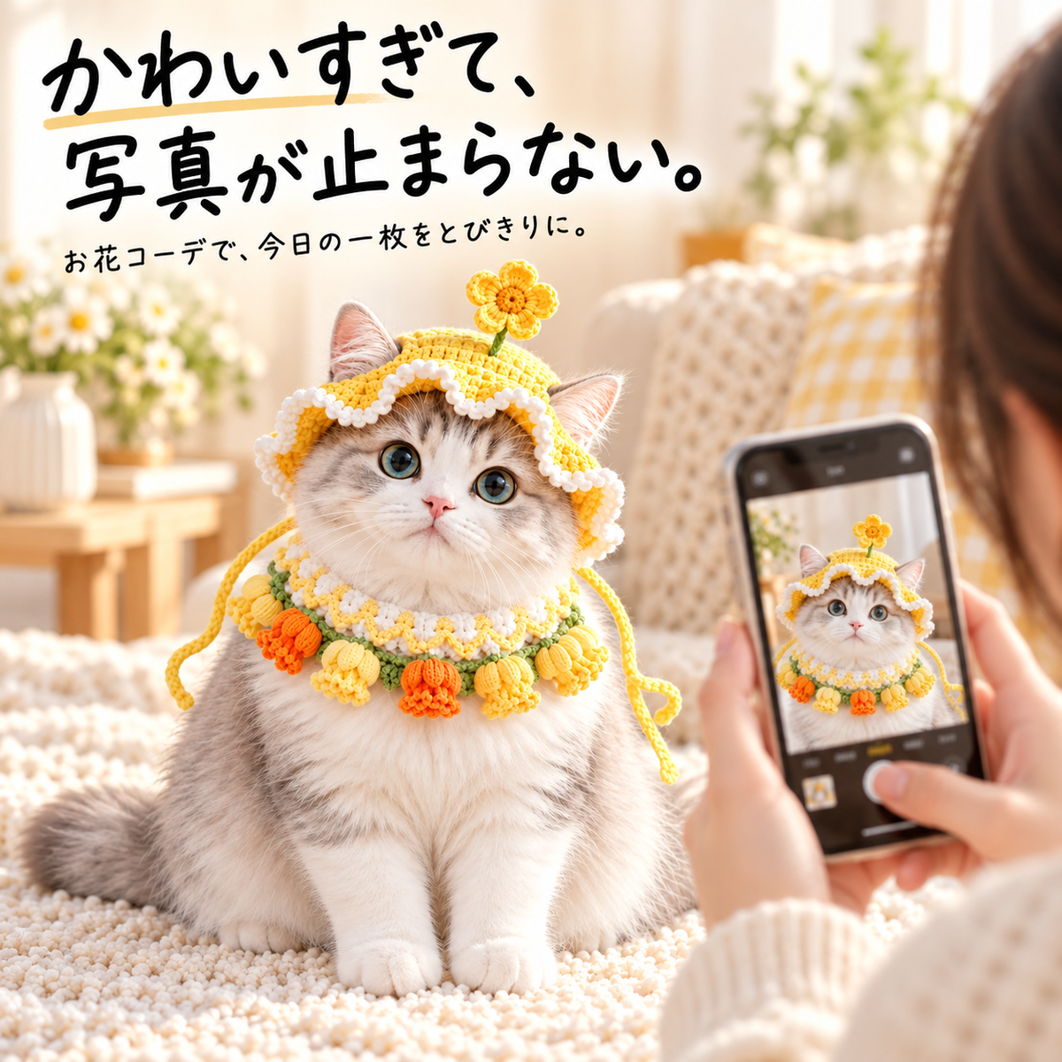 お花のニット 帽子＆つけ襟セット