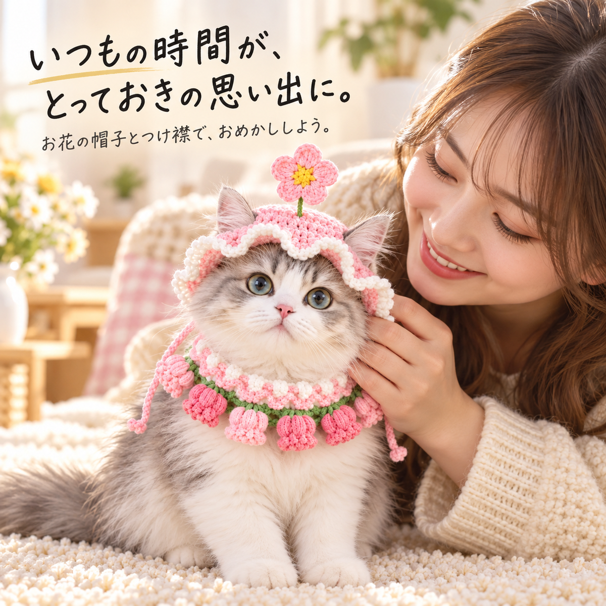 お花のニット 帽子＆つけ襟セット