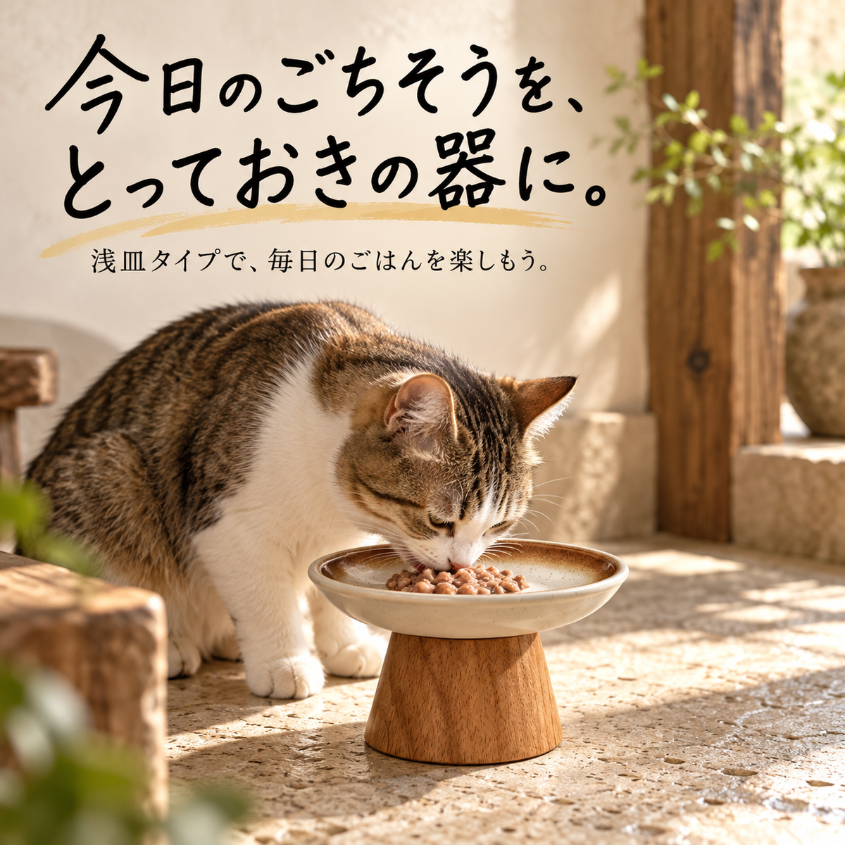 天然木スタンド付き 陶器フードボウル