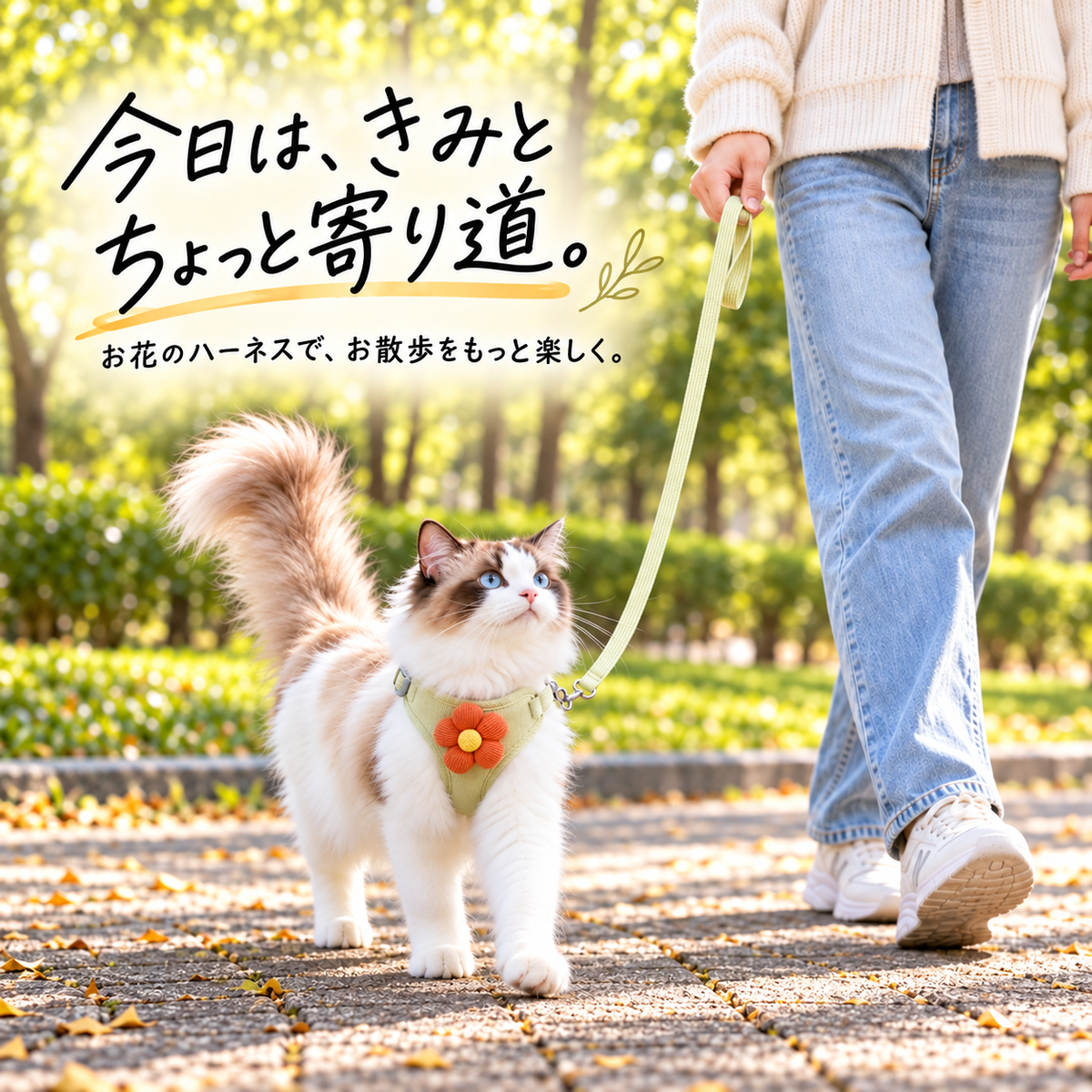 お花付き ベスト型ハーネス＆リードセット 猫・小型犬用 全4色 XS〜L